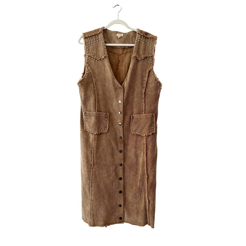 POL Studded Camel Corduroy Sleeveless Distressed Dress Duster Medium‎ Festival